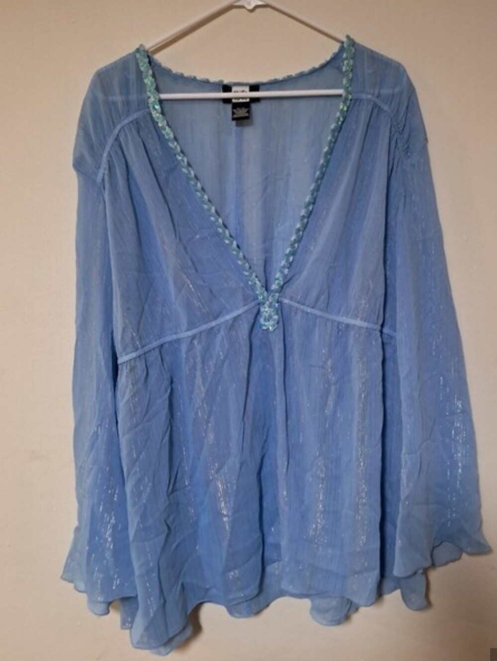 Studio 1940 Vintage Y2K Light Blue Sheer Long-Sleeve Tunic Blouse Plus 22-24W.